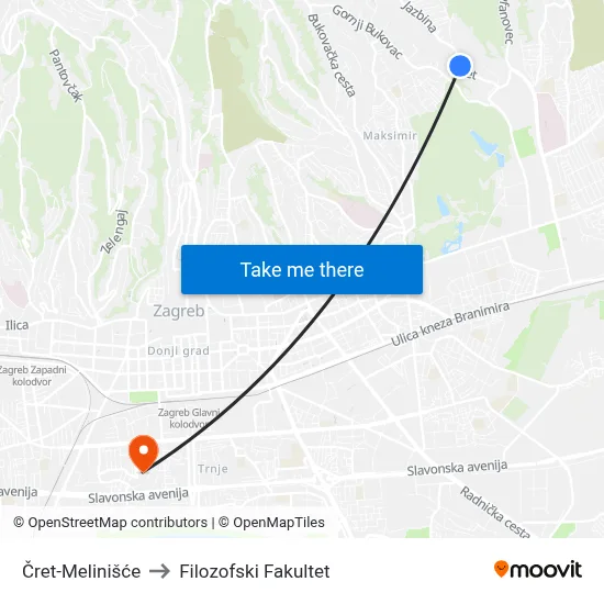 Čret-Melinišće to Filozofski Fakultet map