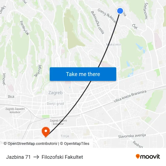 Jazbina 71 to Filozofski Fakultet map