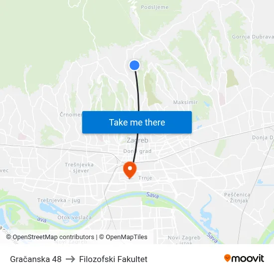 Gračanska 48 to Filozofski Fakultet map