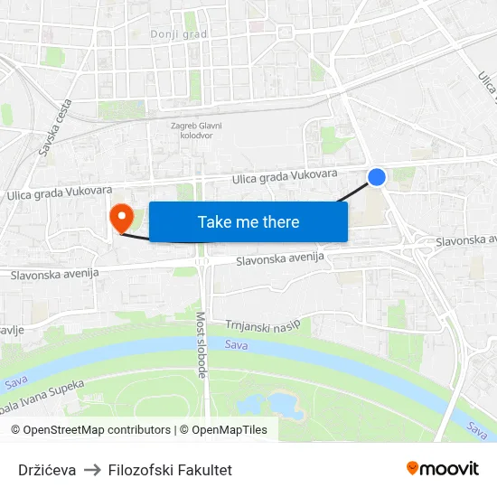 Držićeva to Filozofski Fakultet map