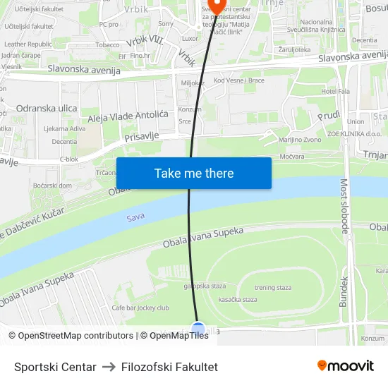 Sportski Centar to Filozofski Fakultet map