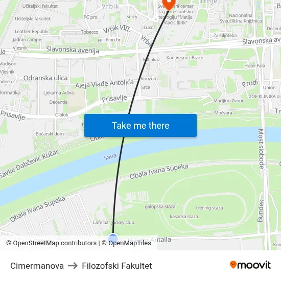 Cimermanova to Filozofski Fakultet map