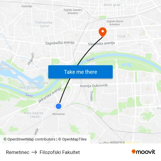 Remetinec to Filozofski Fakultet map