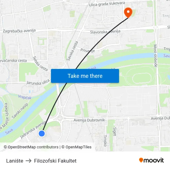 Lanište to Filozofski Fakultet map
