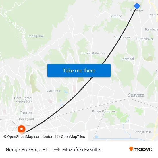 Gornje Prekvršje P.I T. to Filozofski Fakultet map