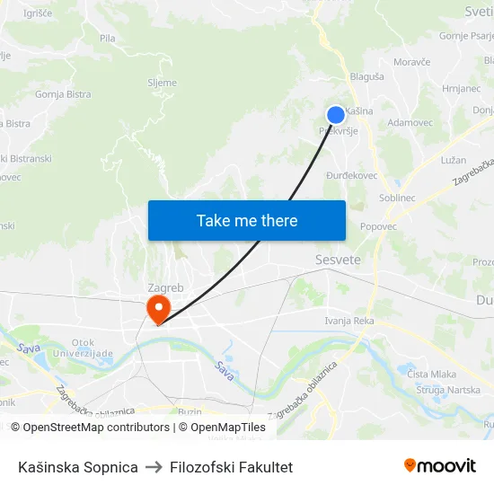 Kašinska Sopnica to Filozofski Fakultet map