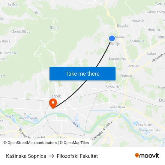 Kašinska Sopnica to Filozofski Fakultet map