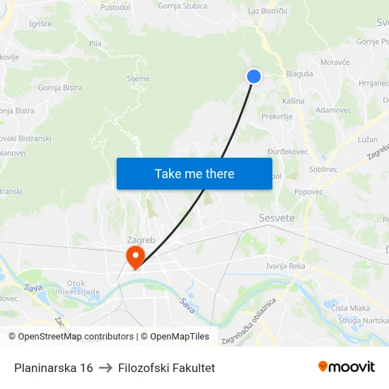 Planinarska 16 to Filozofski Fakultet map
