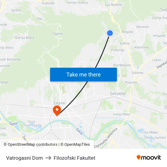 Vatrogasni Dom to Filozofski Fakultet map