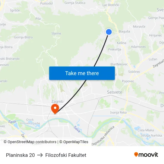 Planinska 20 to Filozofski Fakultet map