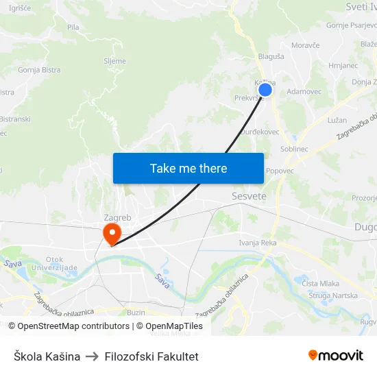 Škola Kašina to Filozofski Fakultet map