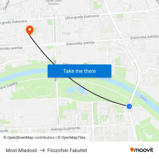 Most Mladosti to Filozofski Fakultet map