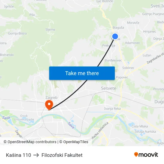 Kašina 110 to Filozofski Fakultet map