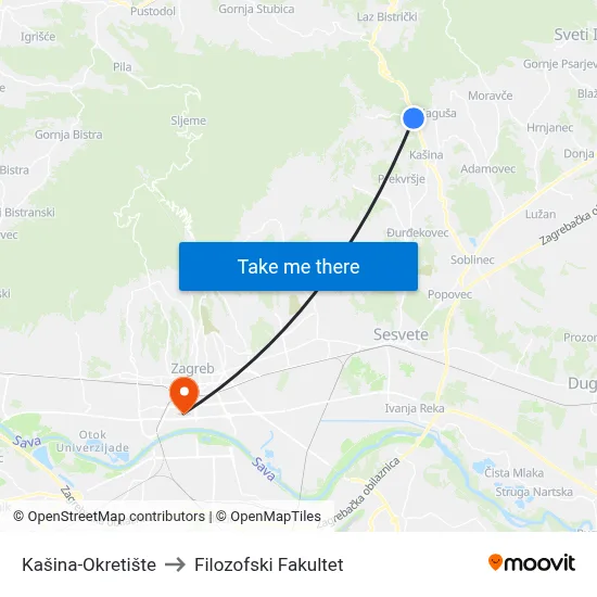 Kašina-Okretište to Filozofski Fakultet map