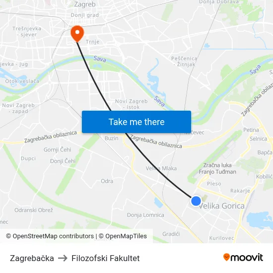 Zagrebačka to Filozofski Fakultet map