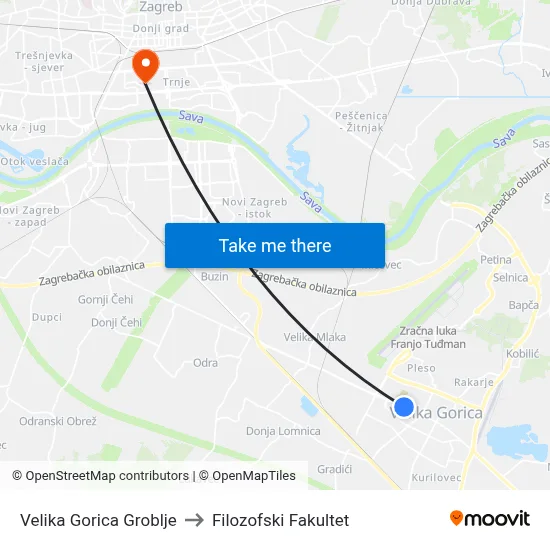 Velika Gorica Groblje to Filozofski Fakultet map