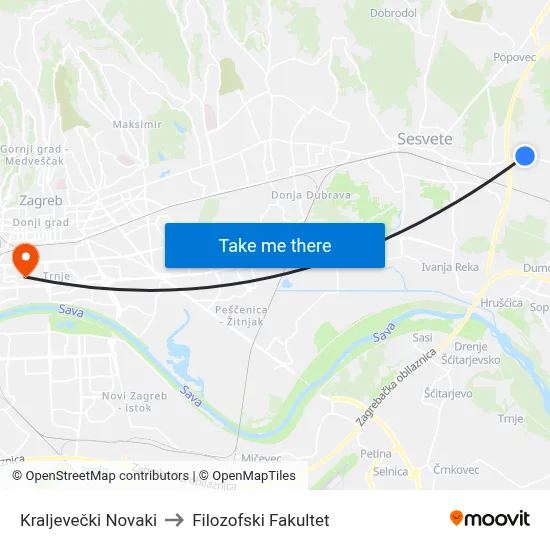 Kraljevečki Novaki to Filozofski Fakultet map