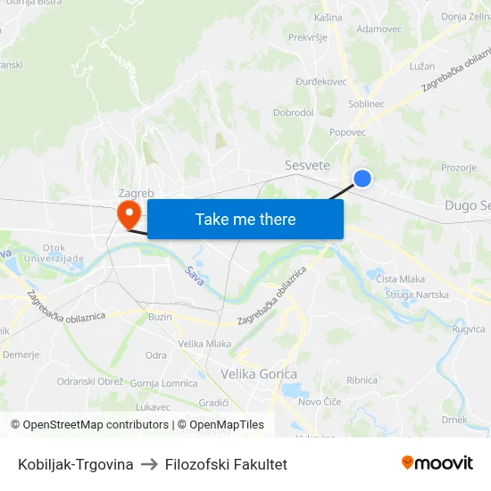 Kobiljak-Trgovina to Filozofski Fakultet map