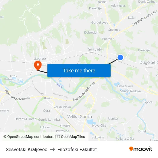 Sesvetski Kraljevec to Filozofski Fakultet map