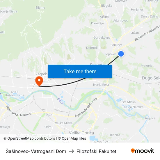 Šašinovec- Vatrogasni Dom to Filozofski Fakultet map