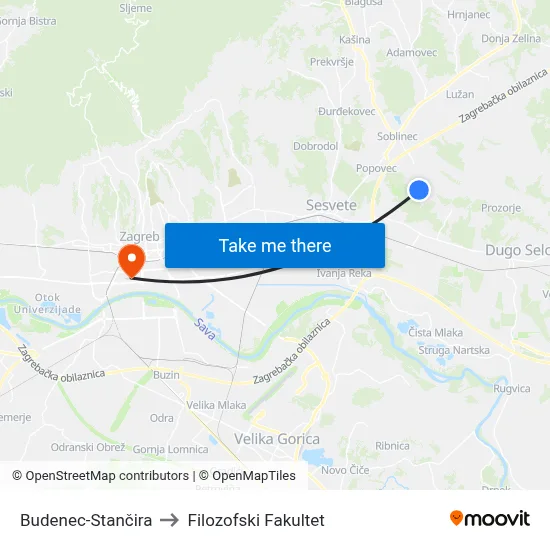 Budenec-Stančira to Filozofski Fakultet map