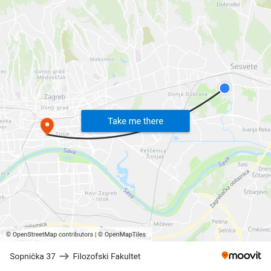 Sopnička 37 to Filozofski Fakultet map
