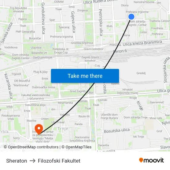 Sheraton to Filozofski Fakultet map