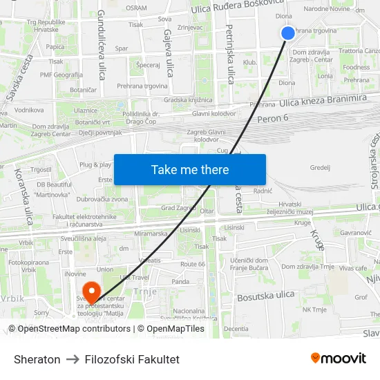 Sheraton to Filozofski Fakultet map