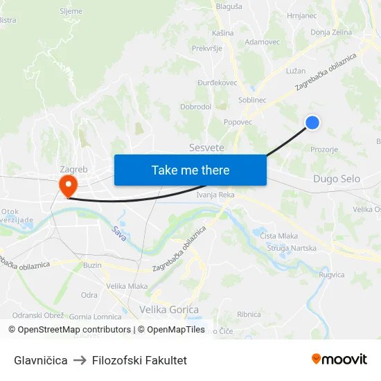 Glavničica to Filozofski Fakultet map