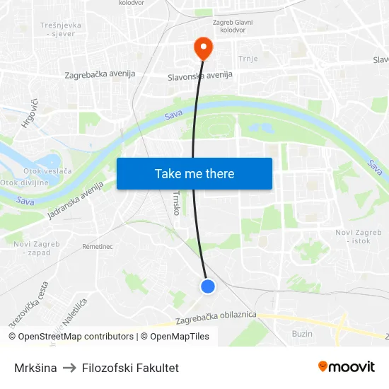 Mrkšina to Filozofski Fakultet map