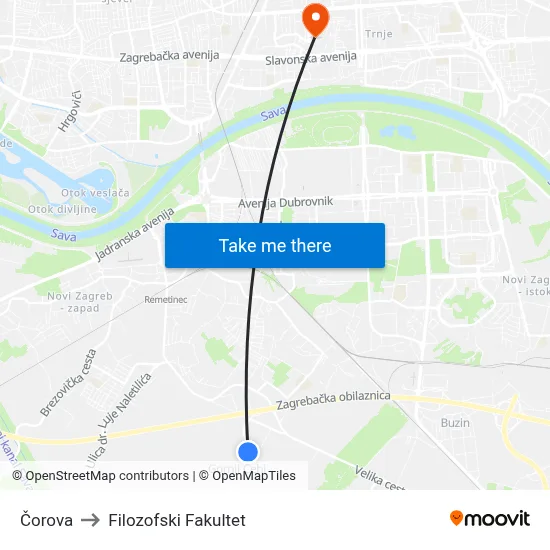 Čorova to Filozofski Fakultet map