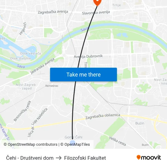 Čehi - Društveni dom to Filozofski Fakultet map