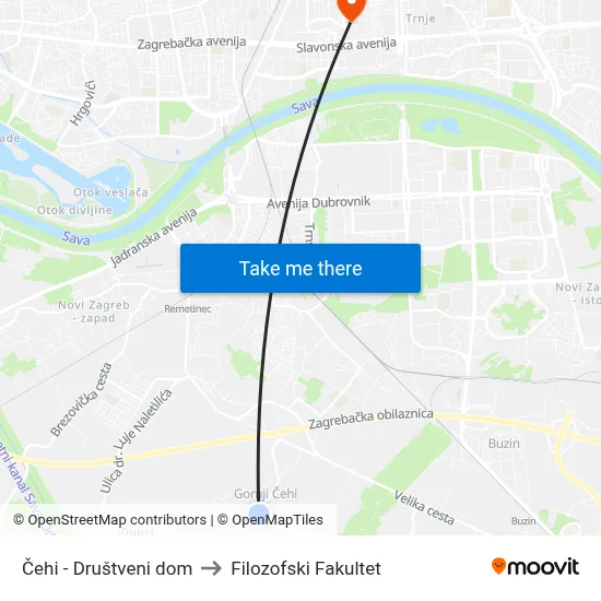 Čehi - Društveni dom to Filozofski Fakultet map