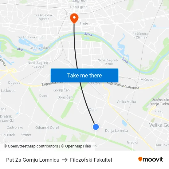 Put Za Gornju Lomnicu to Filozofski Fakultet map