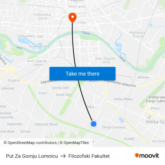 Put Za Gornju Lomnicu to Filozofski Fakultet map