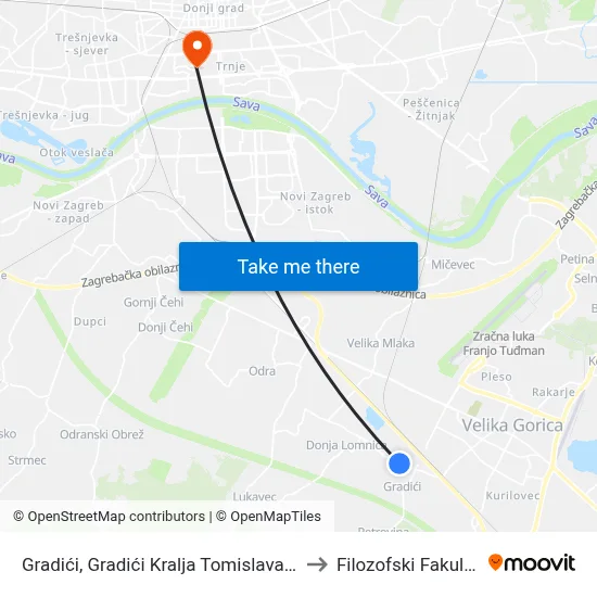 Gradići, Gradići Kralja Tomislava 85 to Filozofski Fakultet map