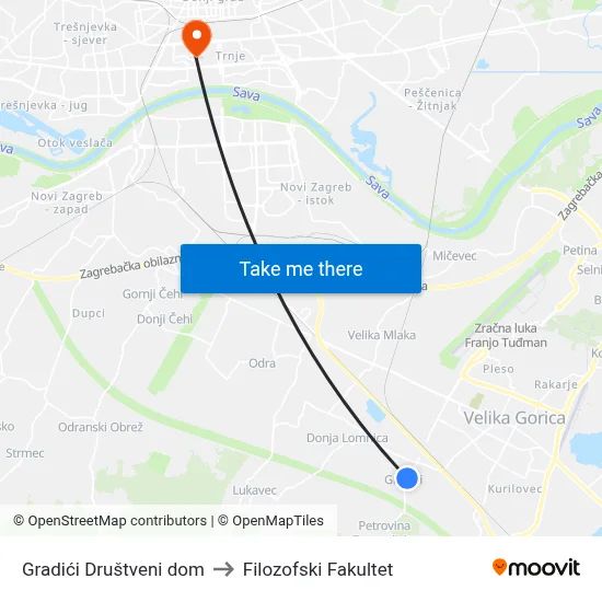 Gradići Društveni dom to Filozofski Fakultet map