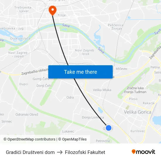 Gradići Društveni dom to Filozofski Fakultet map