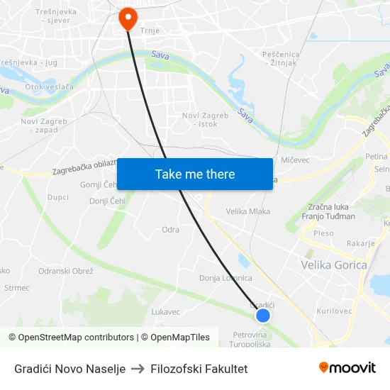 Gradići Novo Naselje to Filozofski Fakultet map