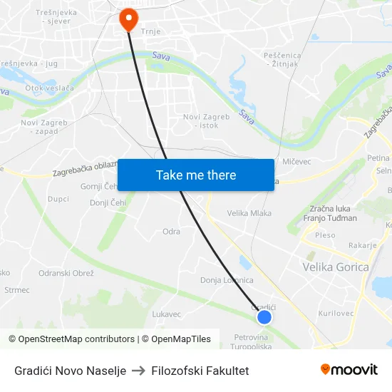 Gradići Novo Naselje to Filozofski Fakultet map