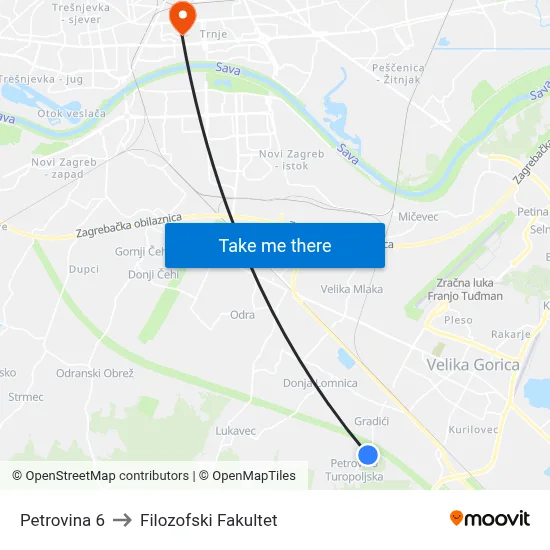 Petrovina 6 to Filozofski Fakultet map