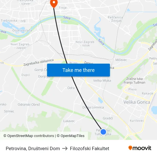 Petrovina, Društveni Dom to Filozofski Fakultet map