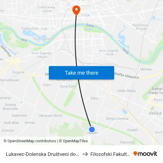 Lukavec-Dolenska Društveni dom to Filozofski Fakultet map