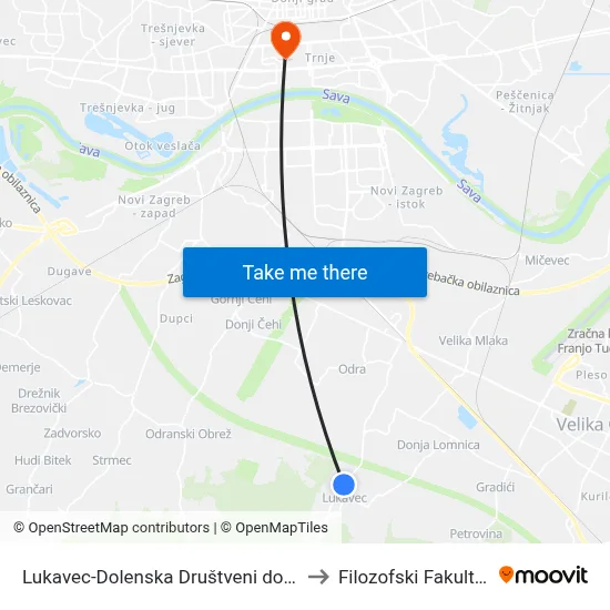 Lukavec-Dolenska Društveni dom to Filozofski Fakultet map