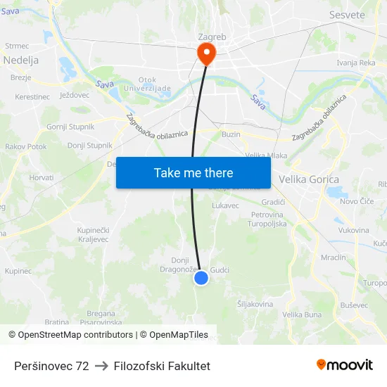 Peršinovec 72 to Filozofski Fakultet map