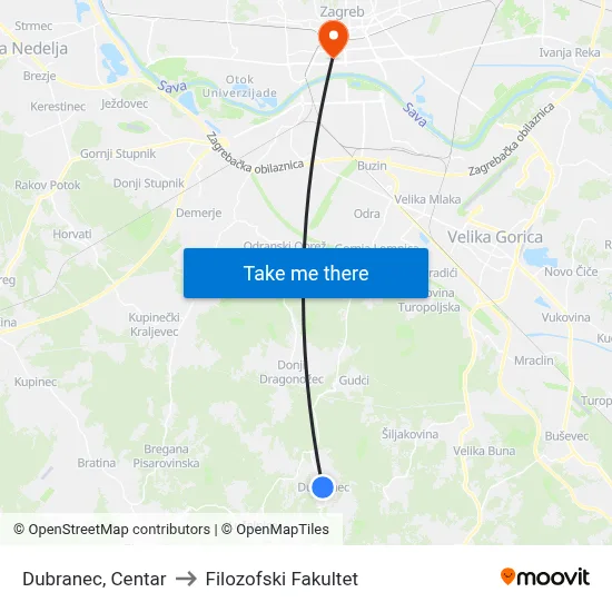 Dubranec, Centar to Filozofski Fakultet map