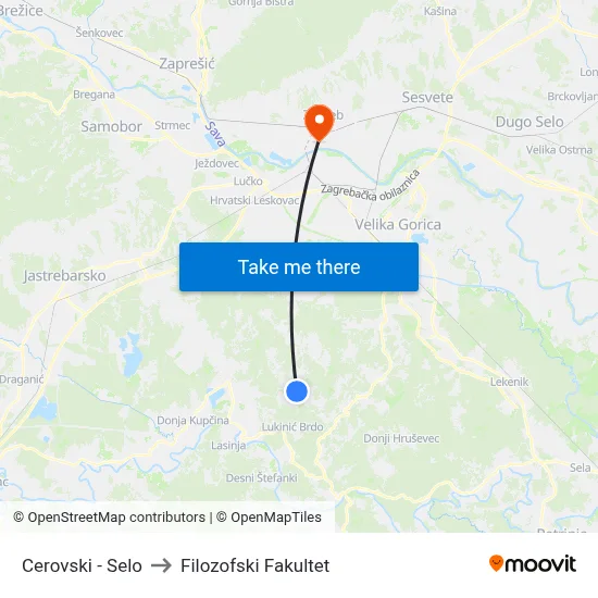 Cerovski - Selo to Filozofski Fakultet map