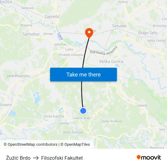 Žužić Brdo to Filozofski Fakultet map