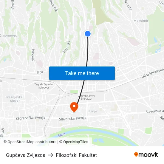 Gupčeva Zvijezda to Filozofski Fakultet map