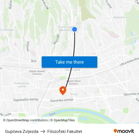 Gupčeva Zvijezda to Filozofski Fakultet map